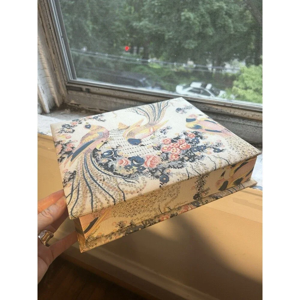 Anthropologie Asian Bird Trinket Box Cloth Padded Jewelry Box Peacock